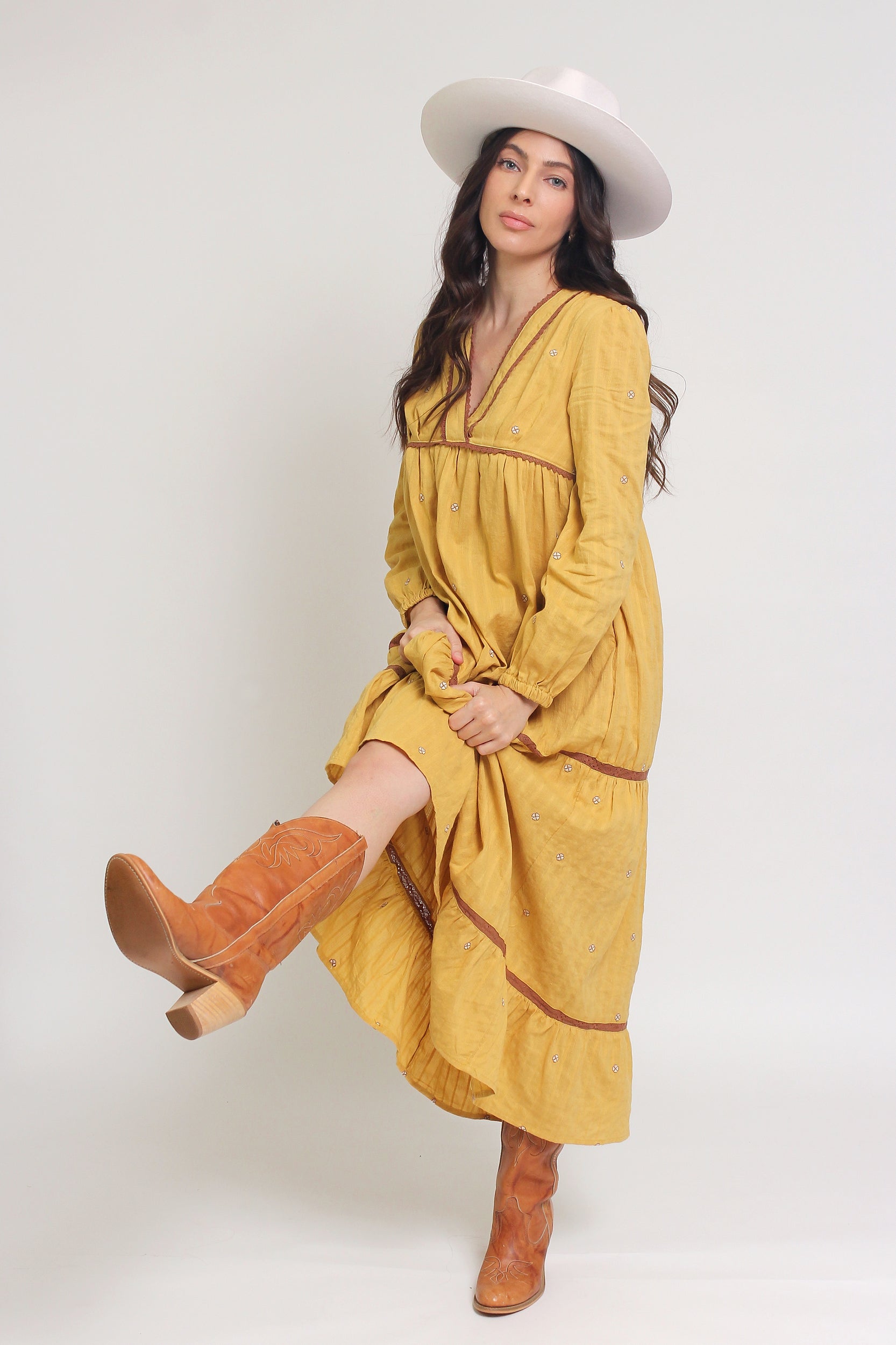 Tiered, embroidered midi dress, in golden rod. Image 7