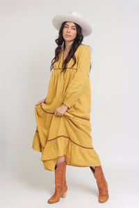 Tiered, embroidered midi dress, in golden rod.