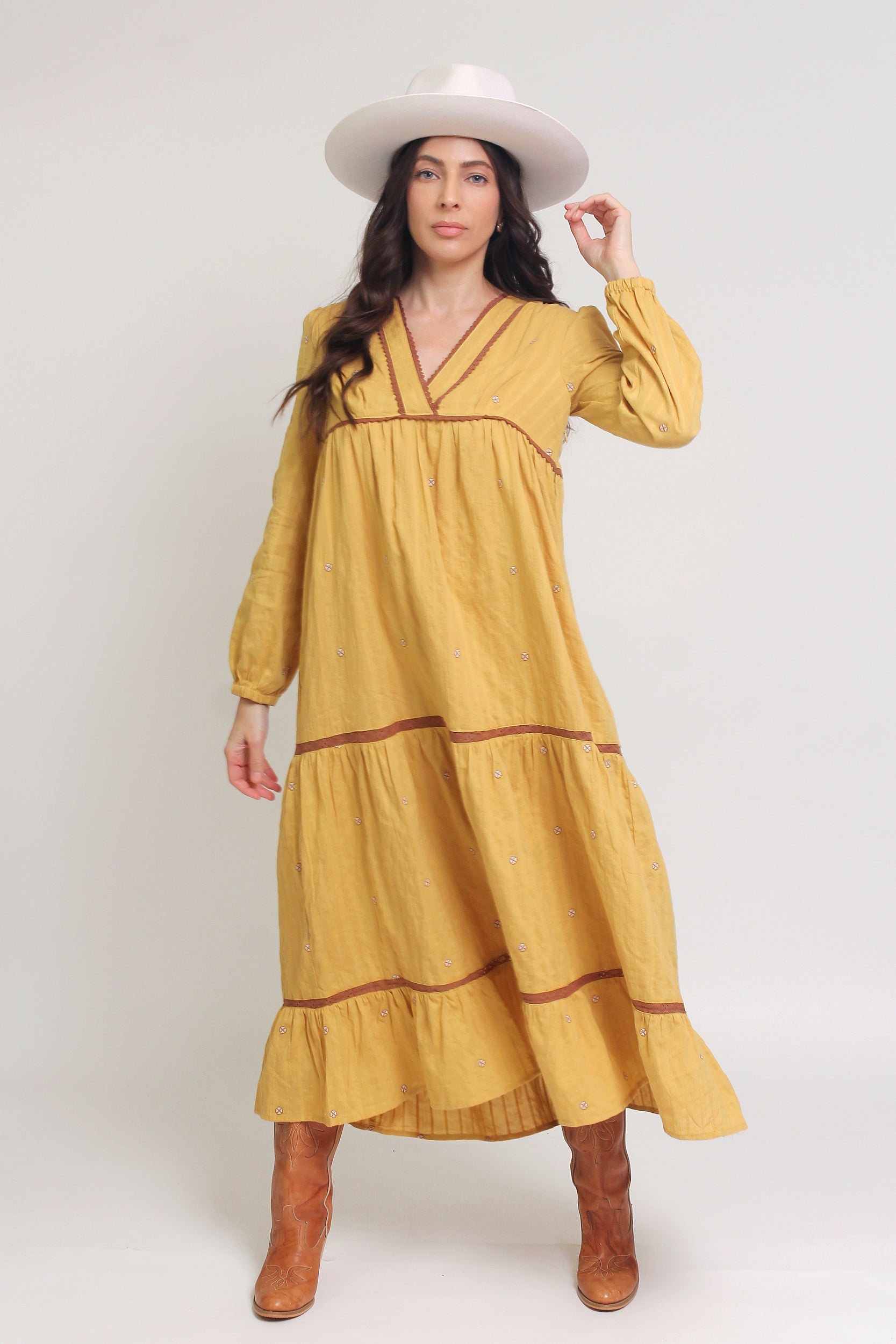 Tiered, embroidered midi dress, in golden rod. Image 10