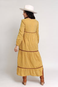 Tiered, embroidered midi dress, in golden rod. Image 11