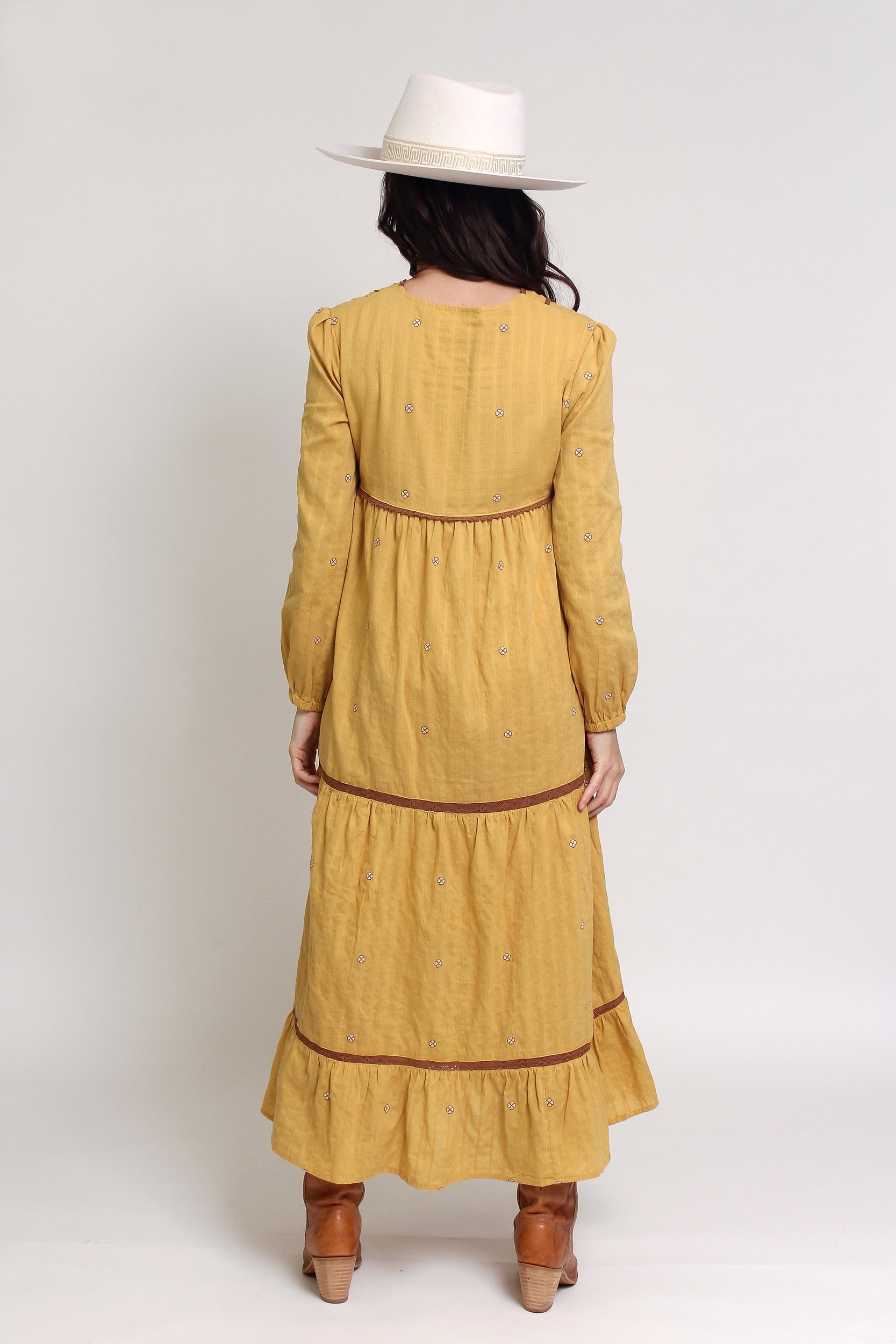 Tiered, embroidered midi dress, in golden rod. Image 12