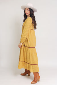Tiered, embroidered midi dress, in golden rod. Image 8