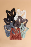Lace racer back bralettes, in assorted colors.