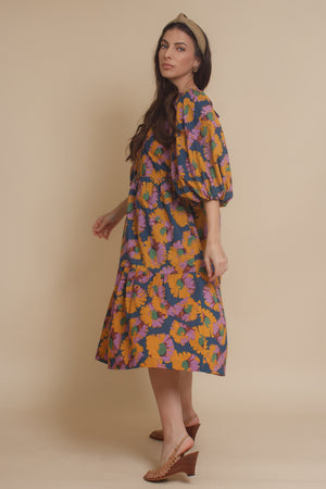 Moodie floral puff sleeve midi dress with tie back, in multi. Image 10