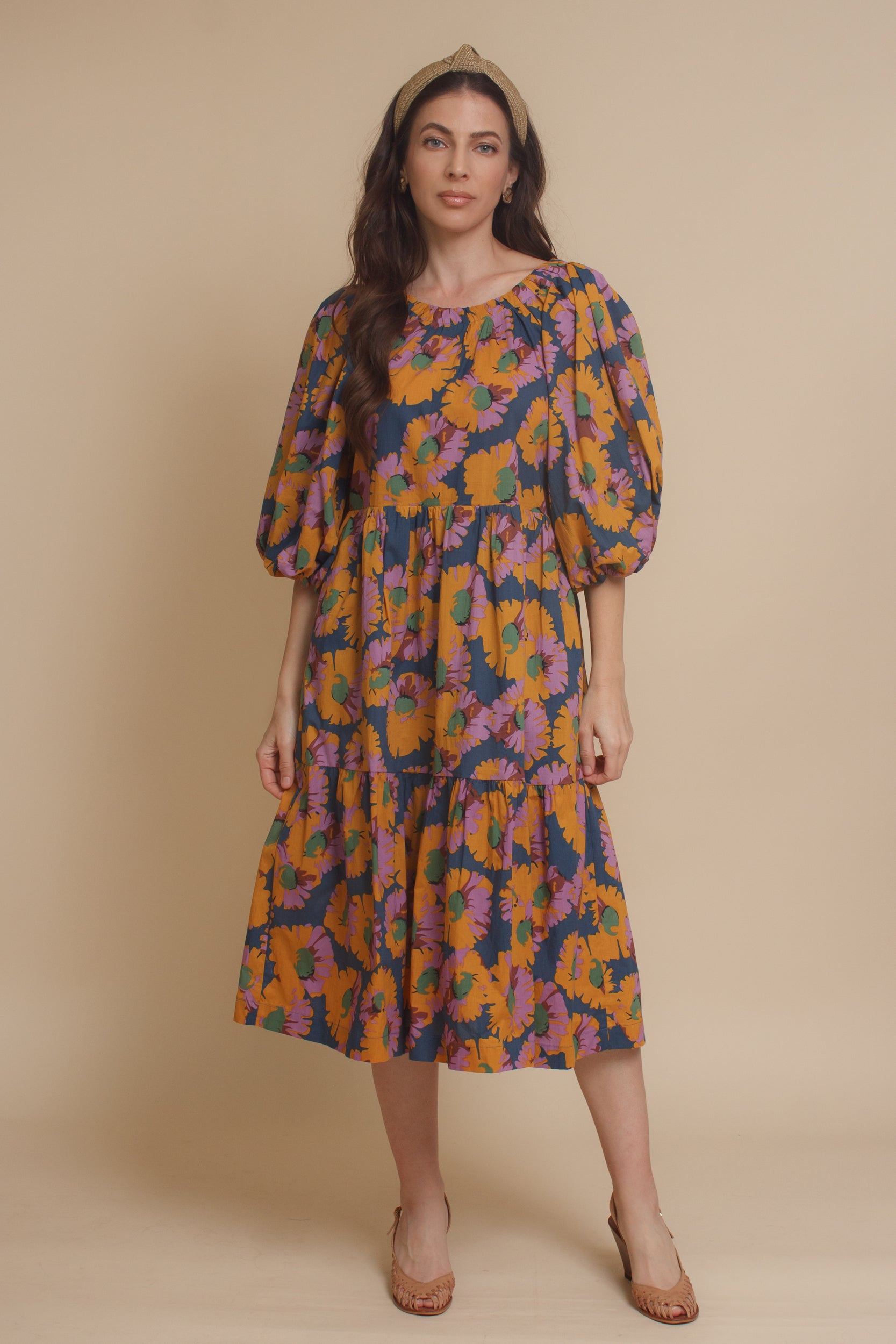 Moodie floral puff sleeve midi dress with tie back, in multi. Image 13