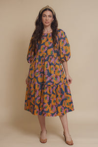 Moodie floral puff sleeve midi dress with tie back, in multi. Image 2