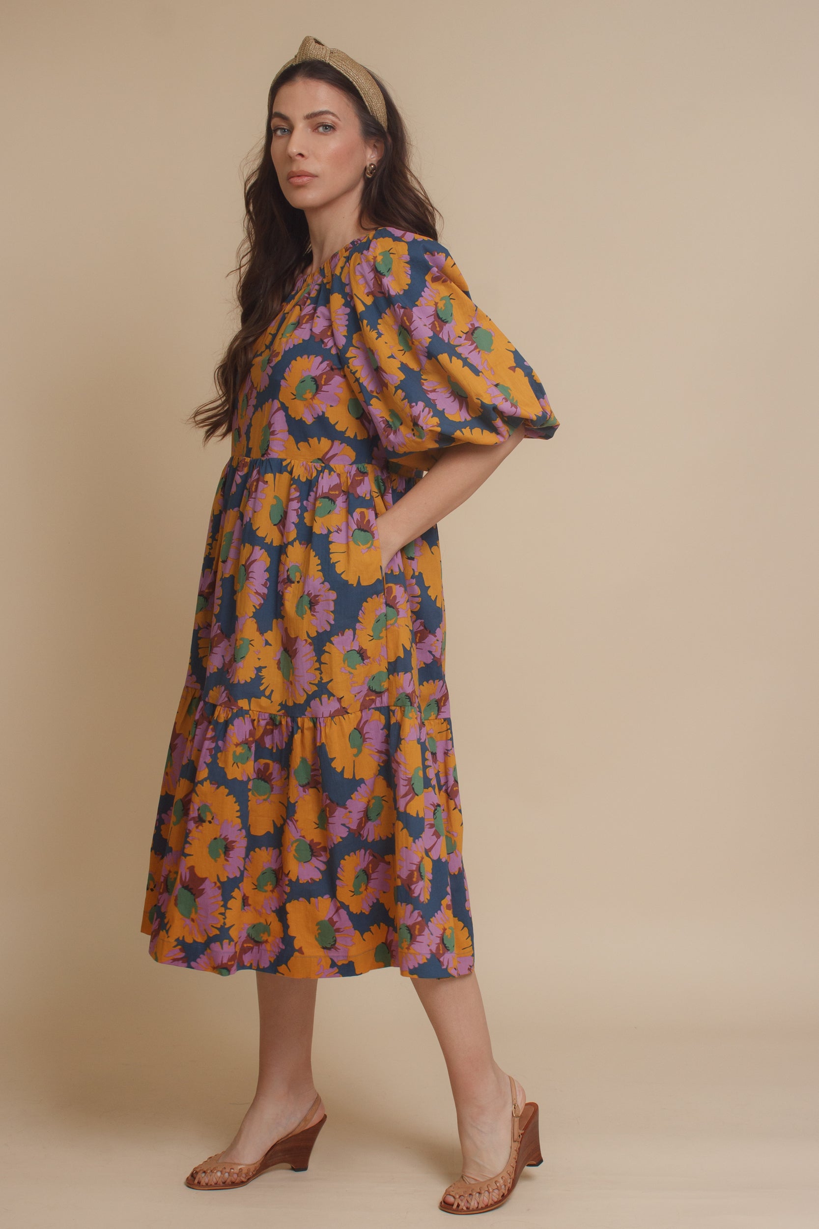 Moodie floral puff sleeve midi dress with tie back, in multi. Image 3