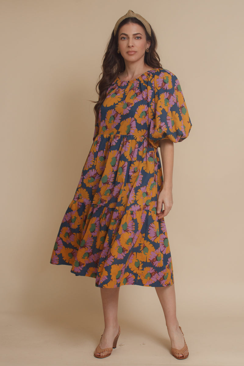Moodie floral puff sleeve midi dress with tie back, in multi. Image 4