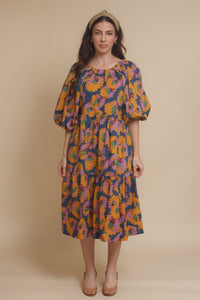 Moodie floral puff sleeve midi dress with tie back, in multi. Image 5