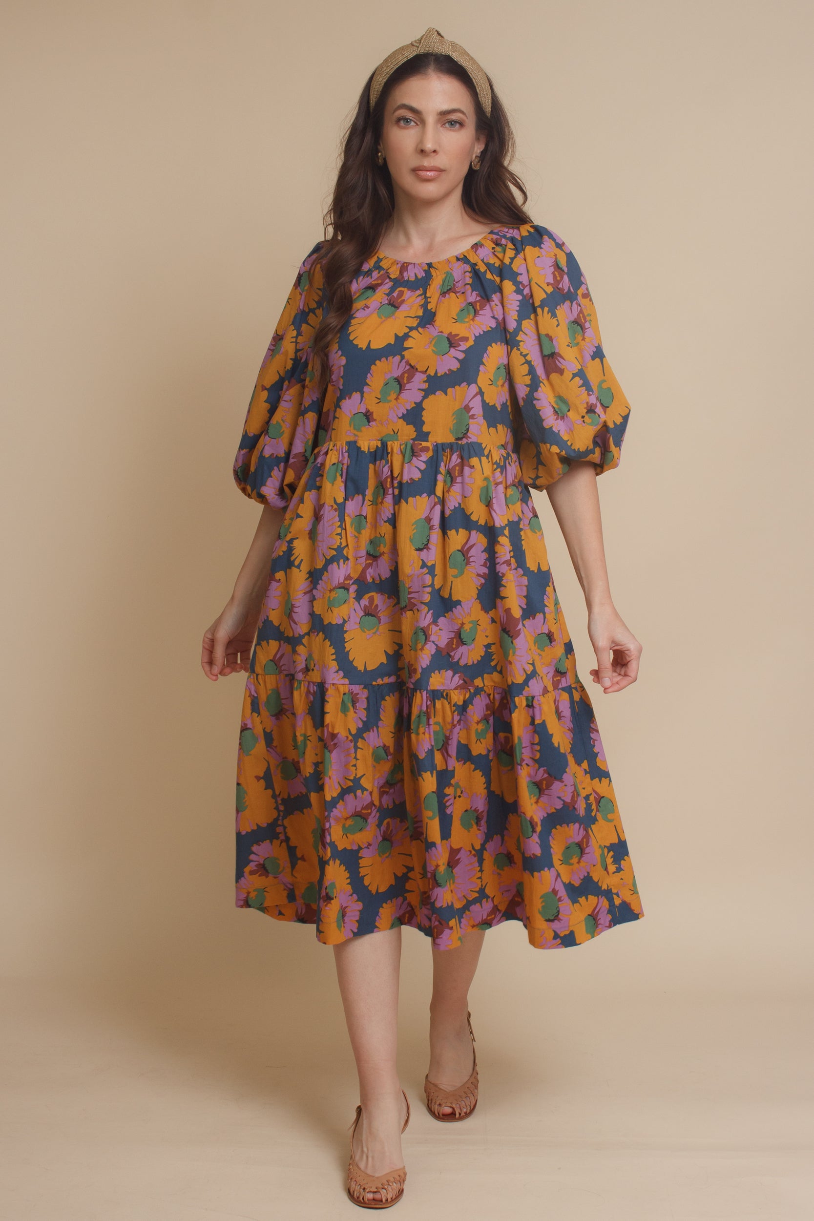 Moodie floral puff sleeve midi dress with tie back, in multi. Image 6