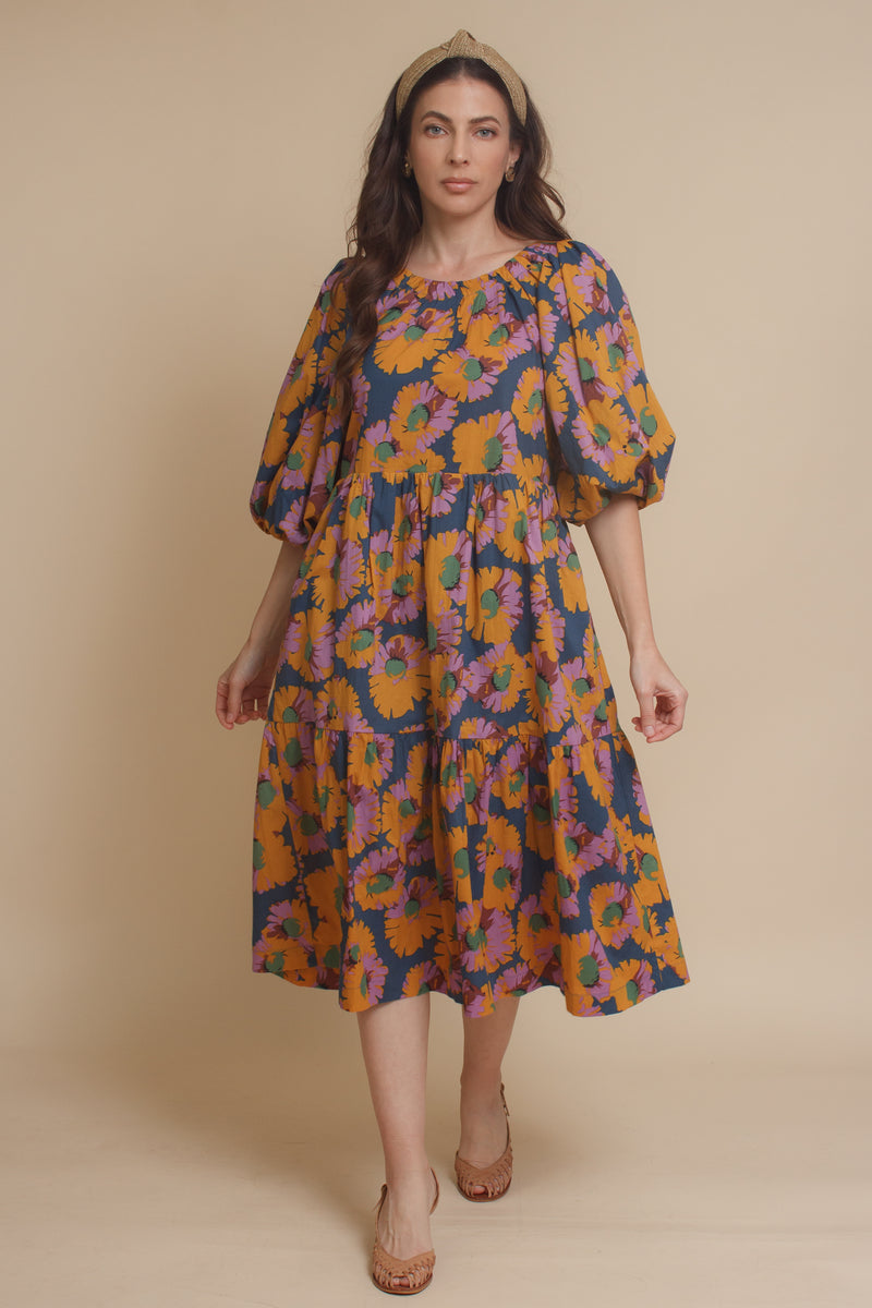 Moodie floral puff sleeve midi dress with tie back, in multi. Image 12