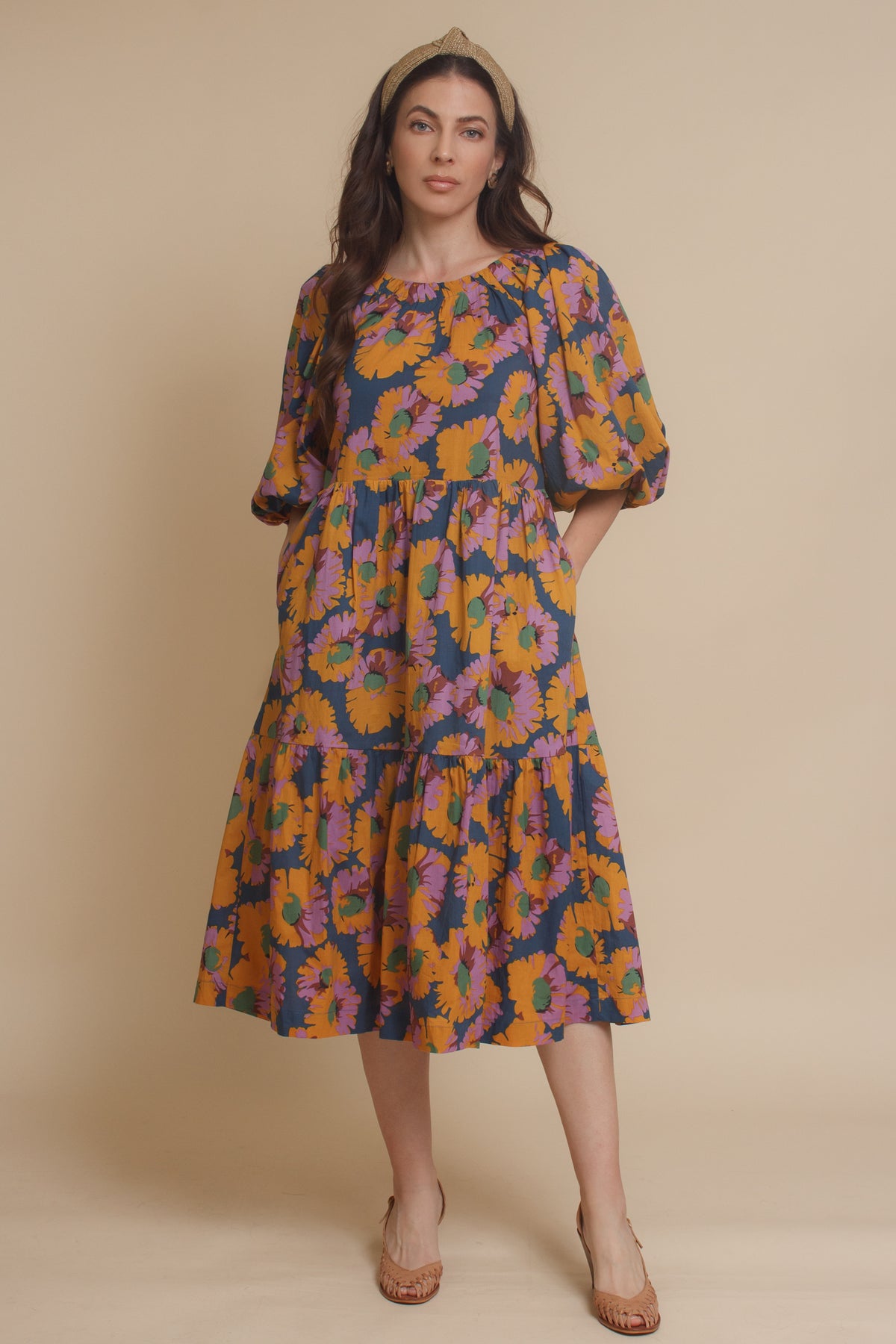 Moodie floral puff sleeve midi dress with tie back, in multi. Image 7