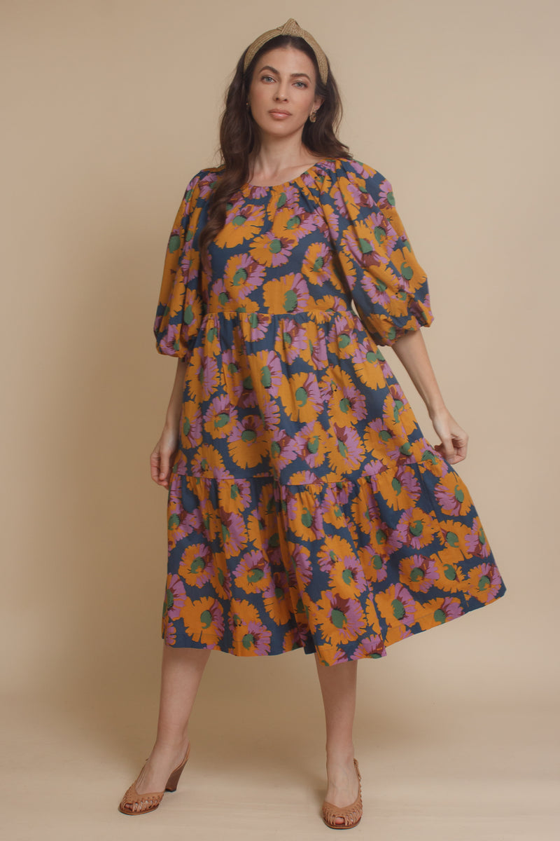 Moodie floral puff sleeve midi dress with tie back, in multi. Image 8