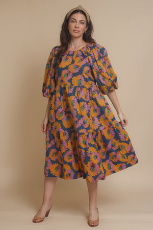 Moodie floral puff sleeve midi dress with tie back, in multi. Image 8