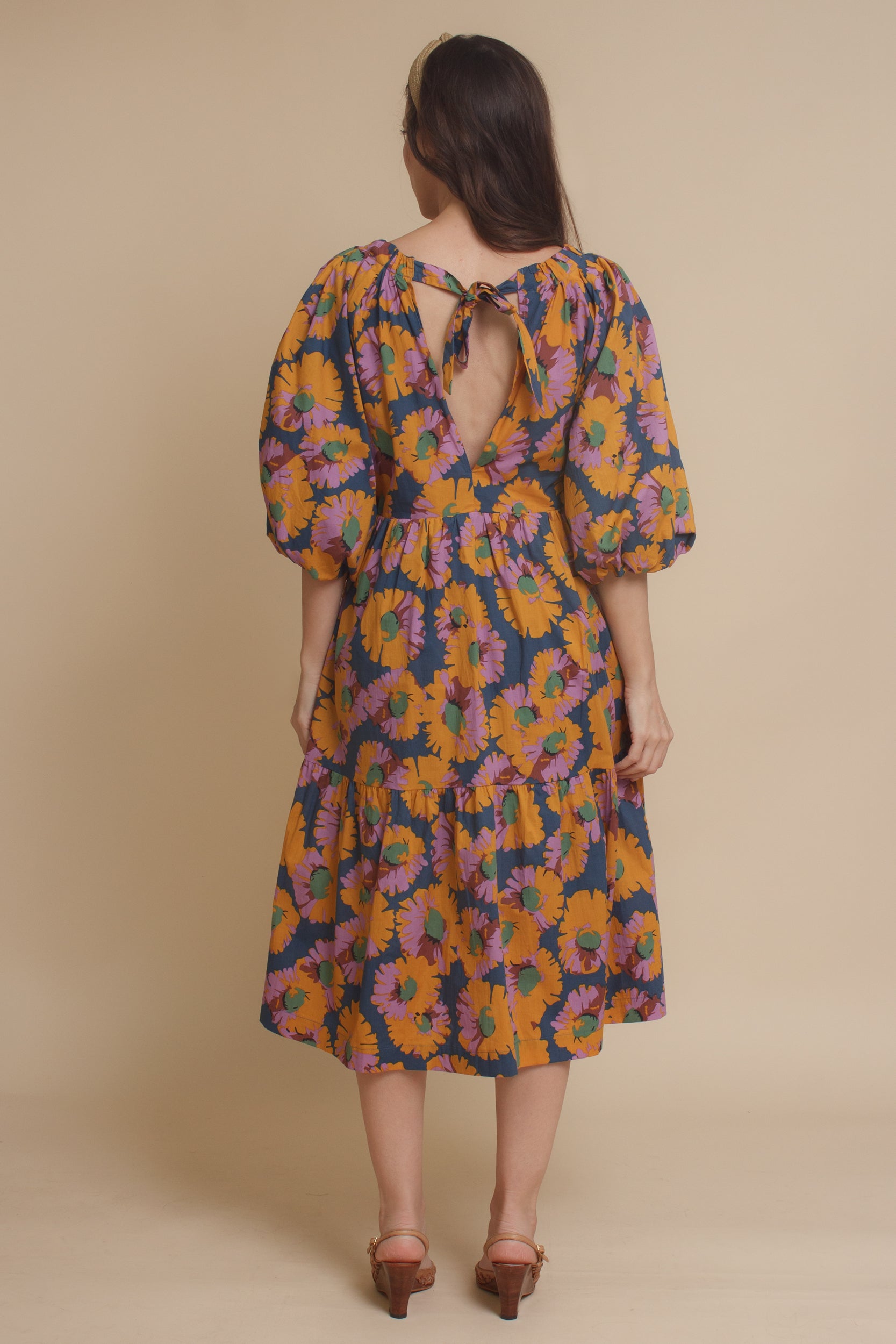 Moodie floral puff sleeve midi dress with tie back, in multi. Image 9