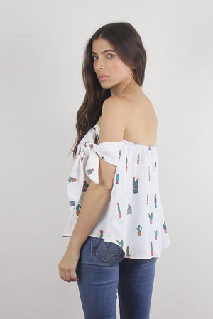 Off shoulder cactus print blouse, in white. Image 3