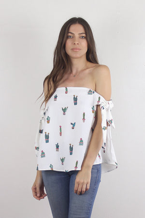 Off shoulder cactus print blouse, in white. Image 4