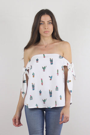 Off shoulder cactus print blouse, in white. Image 5