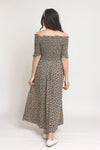 Floral print, off shoulder midi dress with smocked bodice, in Charcoal. Image 10