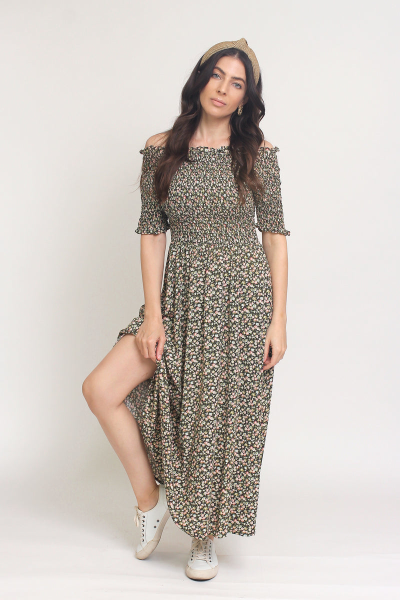 Floral print, off shoulder midi dress with smocked bodice, in Charcoal. Image 12