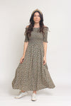 Floral print, off shoulder midi dress with smocked bodice, in Charcoal. Image 13