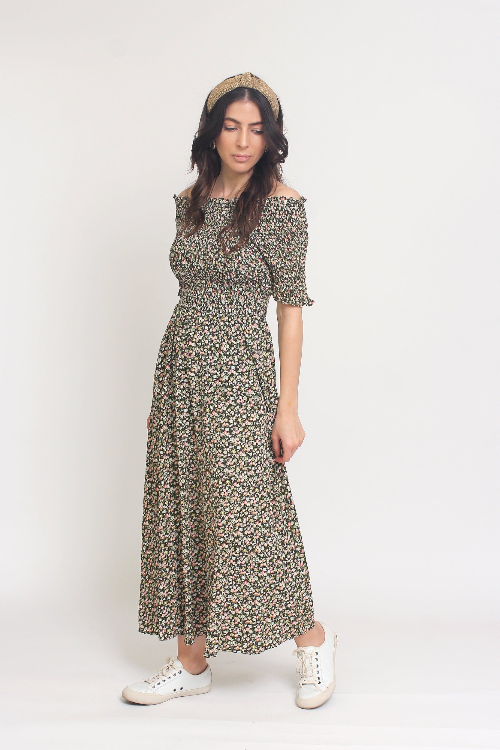 Floral print, off shoulder midi dress with smocked bodice, in Charcoal. Image 14