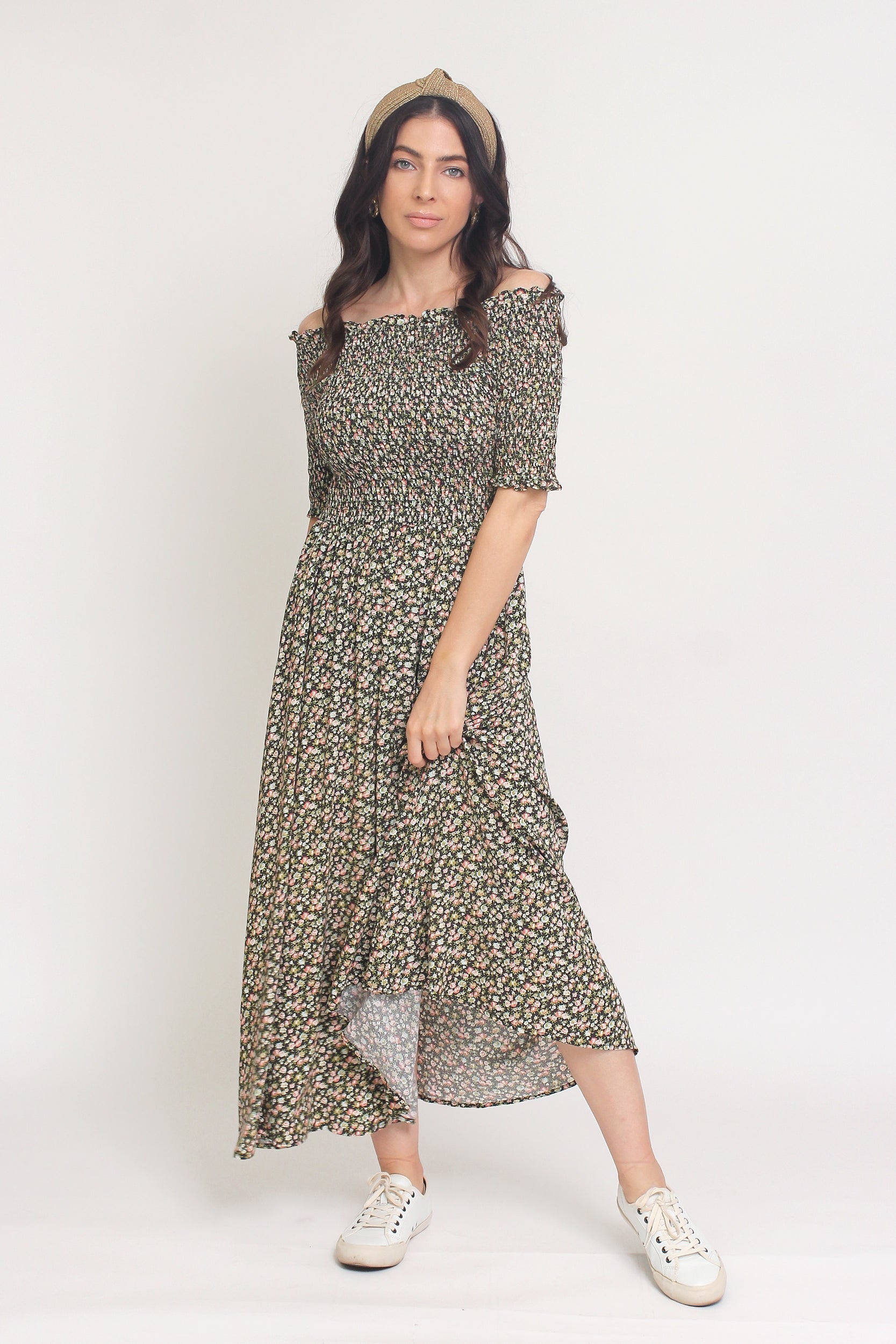 Floral print, off shoulder midi dress with smocked bodice, in Charcoal. Image 15