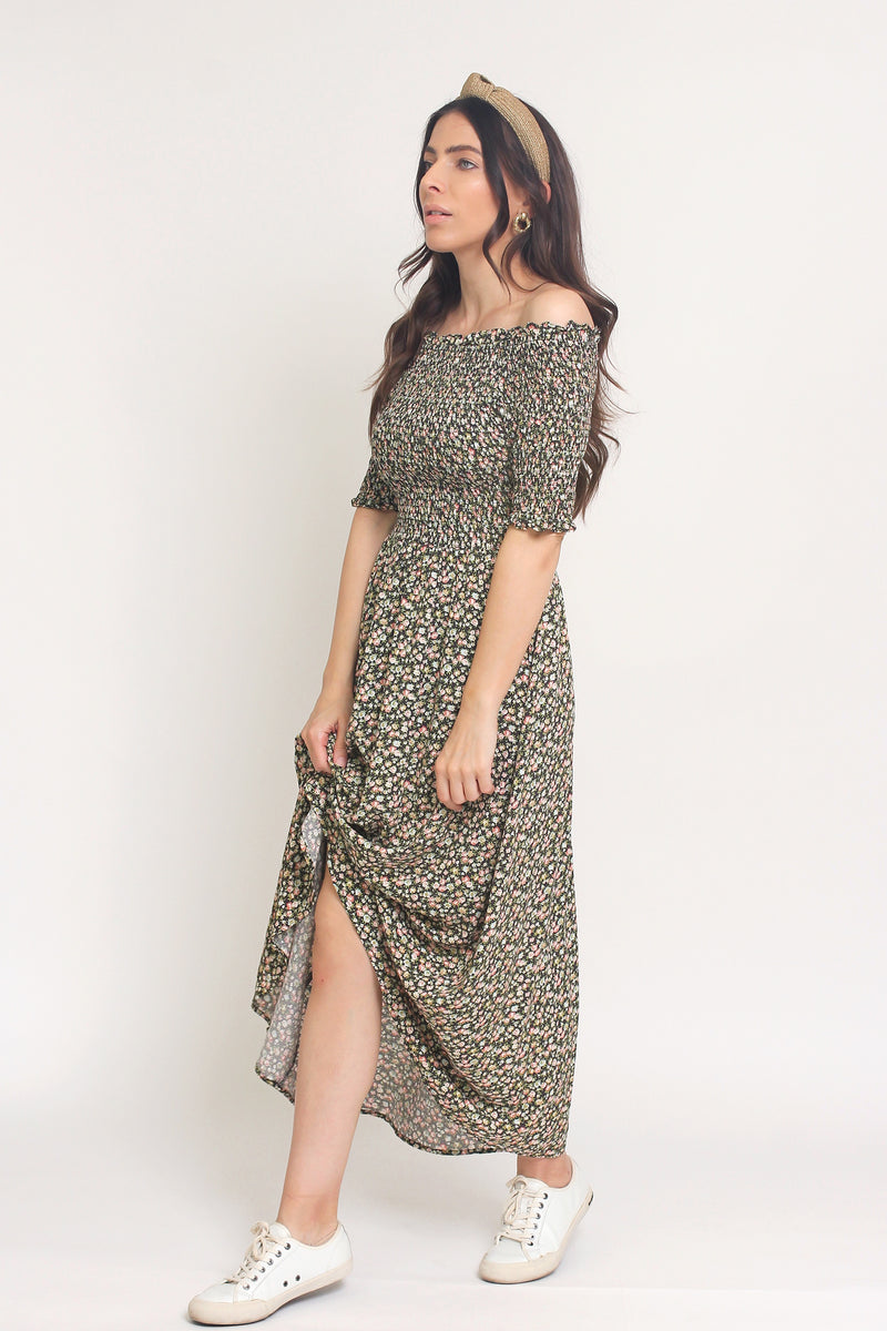 Floral print, off shoulder midi dress with smocked bodice, in Charcoal. Image 2