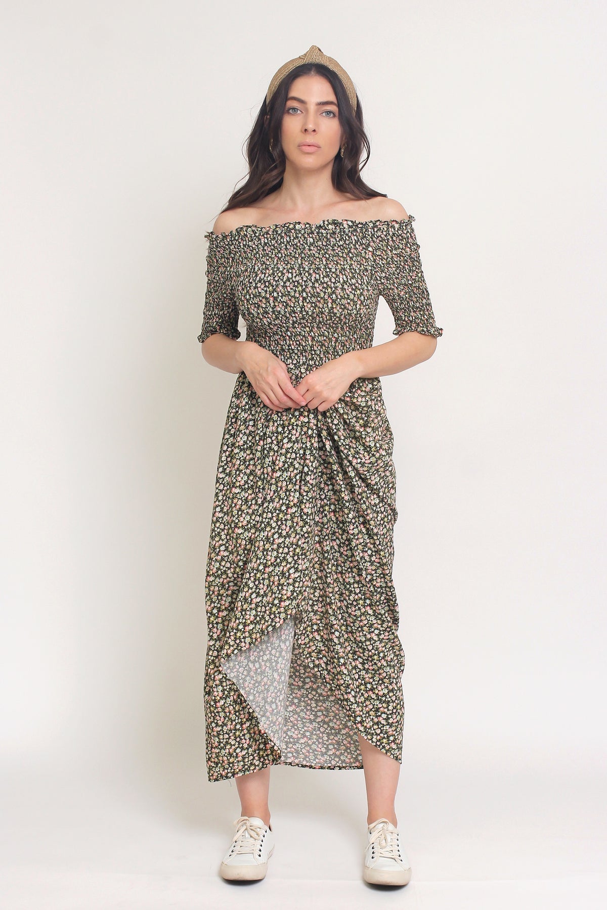 Floral print, off shoulder midi dress with smocked bodice, in Charcoal. Image 3