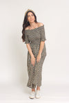 Floral print, off shoulder midi dress with smocked bodice, in Charcoal. Image 4