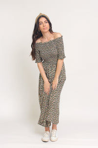 Floral print, off shoulder midi dress with smocked bodice, in Charcoal. Image 4