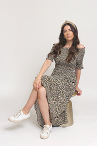 Floral print, off shoulder midi dress with smocked bodice, in Charcoal. Image 6