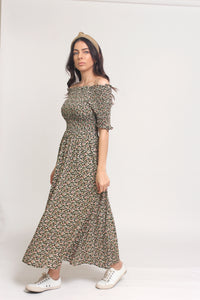 Floral print, off shoulder midi dress with smocked bodice, in Charcoal. Image 7