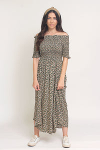 Floral print, off shoulder midi dress with smocked bodice, in Charcoal. Image 8