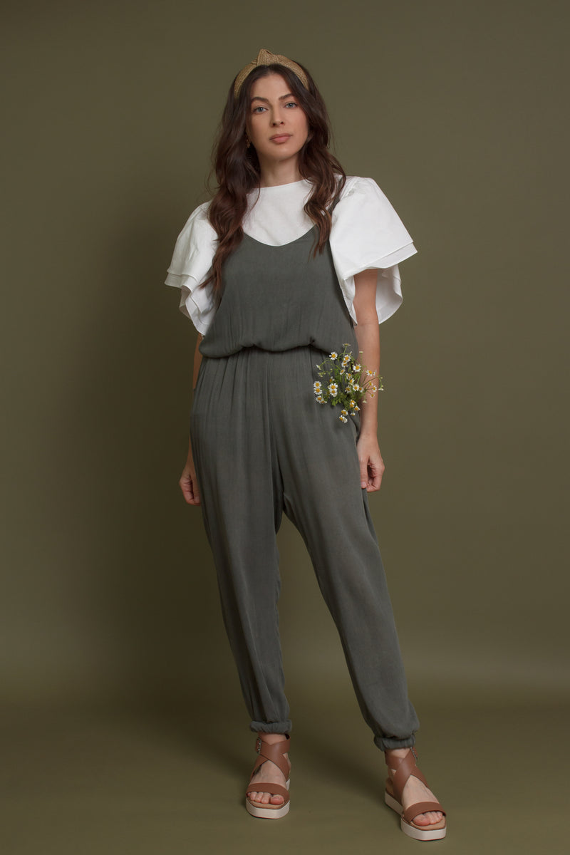 Sleeveless jumpsuit, in olive. Image 11