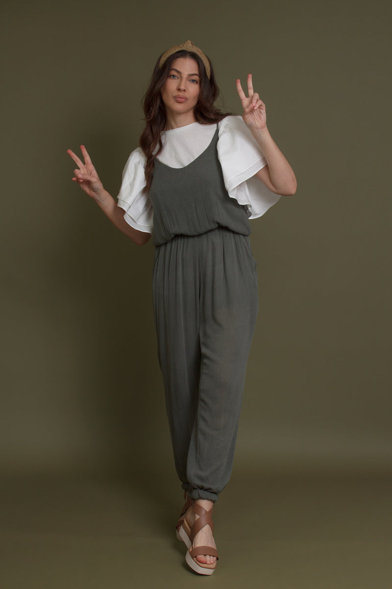 Sleeveless jumpsuit, in olive. Image 2