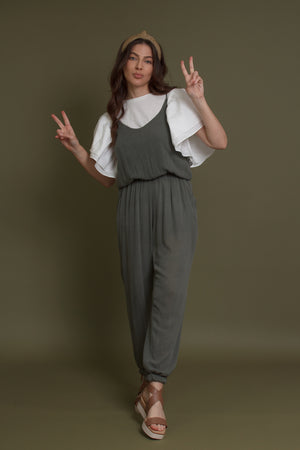 Sleeveless jumpsuit, in olive. Image 2