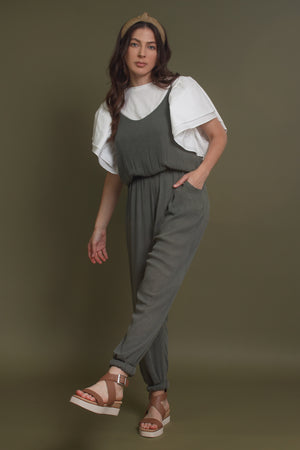 Sleeveless jumpsuit, in olive. Image 4
