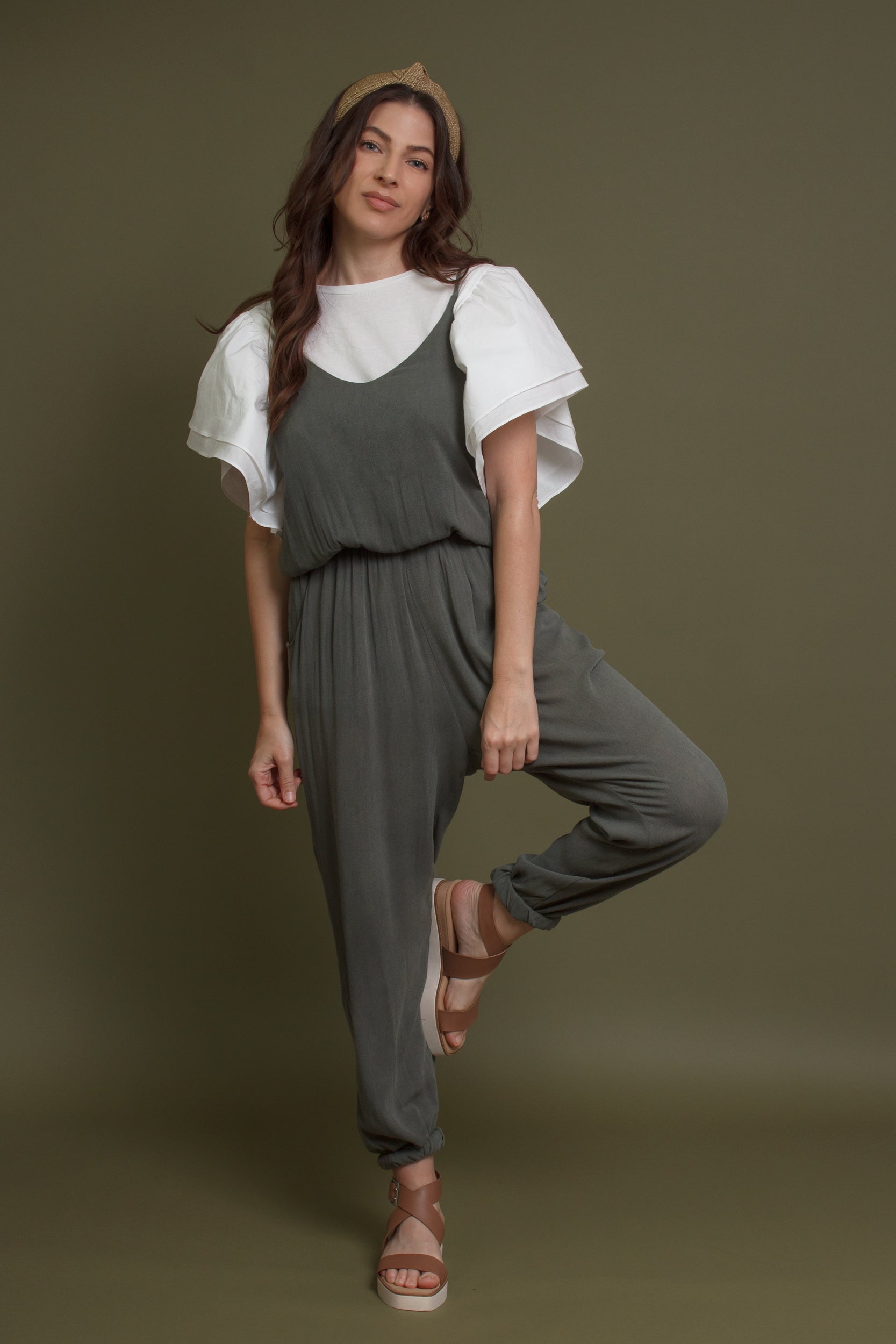 Sleeveless jumpsuit, in olive. Image 6