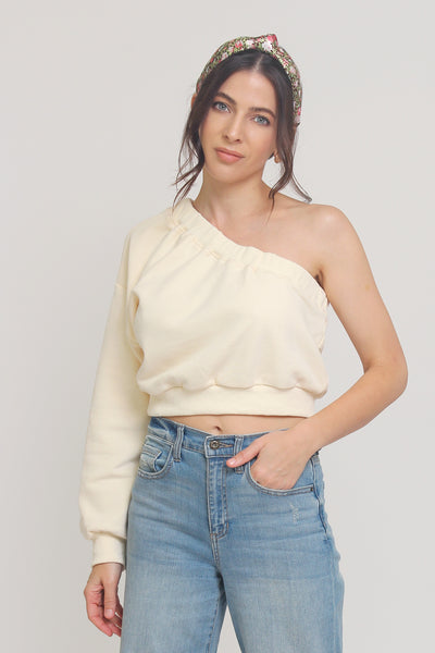 One shoulder cropped sweatshirt, in Cream. Image 4