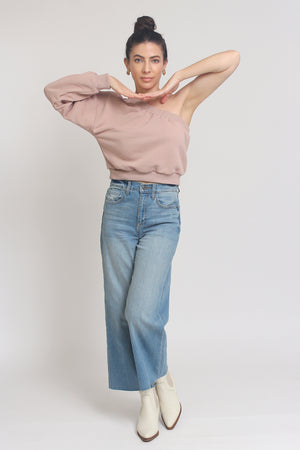 One shoulder cropped sweatshirt, in Taupe. Image 3