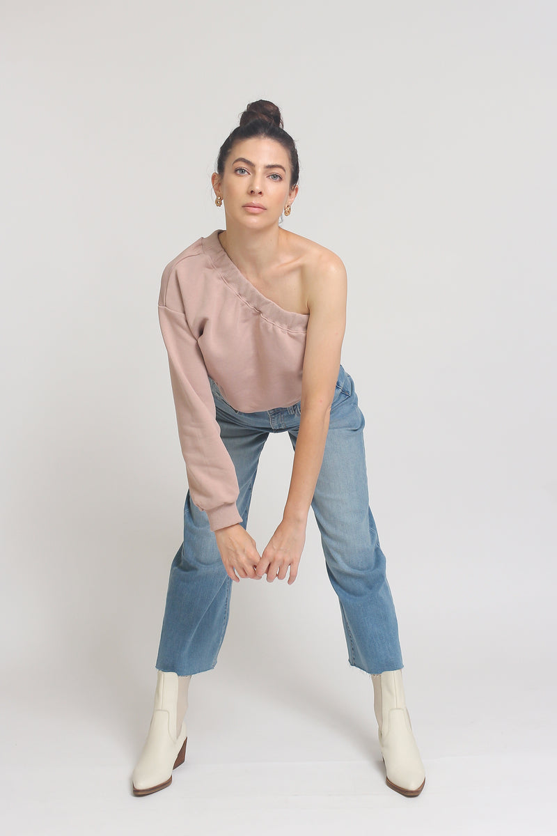 One shoulder cropped sweatshirt, in Taupe. Image 6