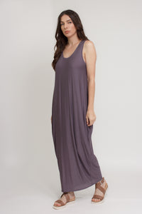 Open back, draped maxi dress, in purple. Image 2