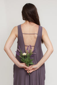 Open back, draped maxi dress, in purple. Image 4