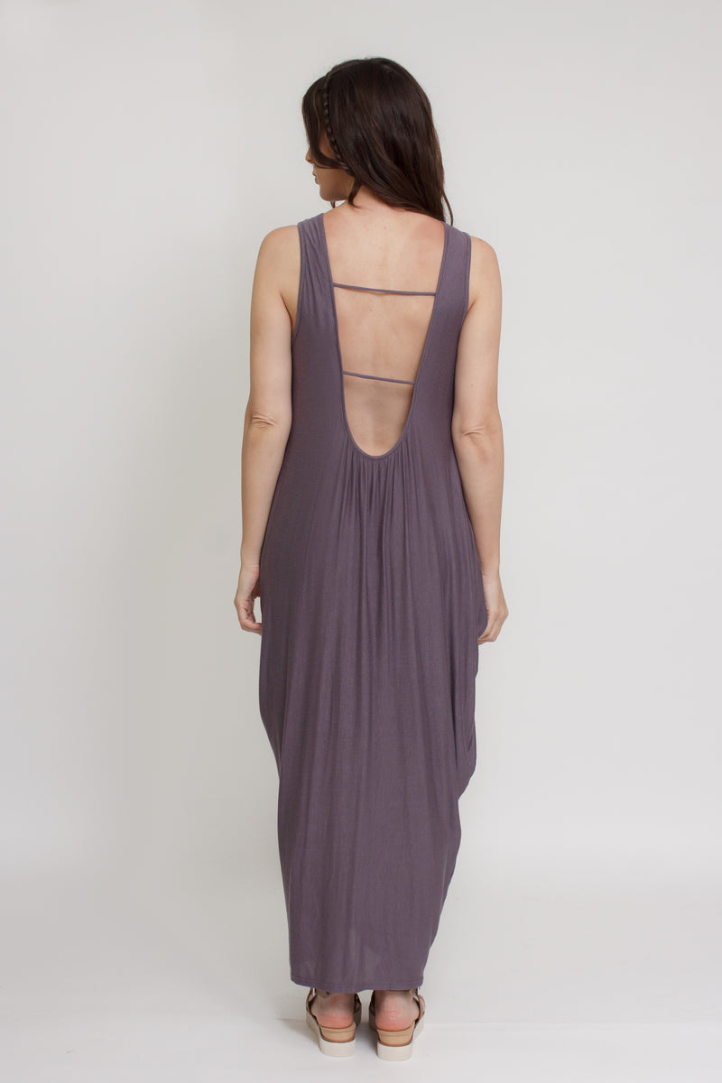 Open back, draped maxi dress, in purple. Image 9