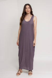 Open back, draped maxi dress, in purple.