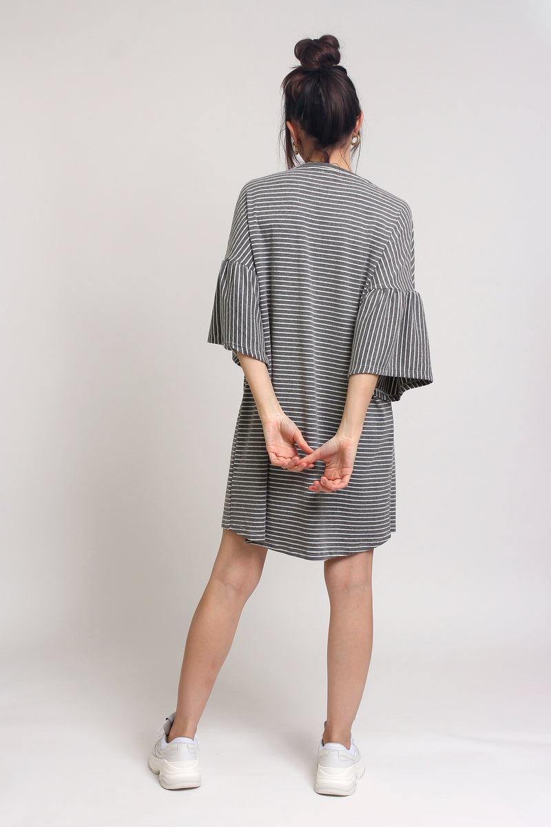 Oversized striped tee shirt dress with trumpet sleeves, in Grey Stripe. Image 10