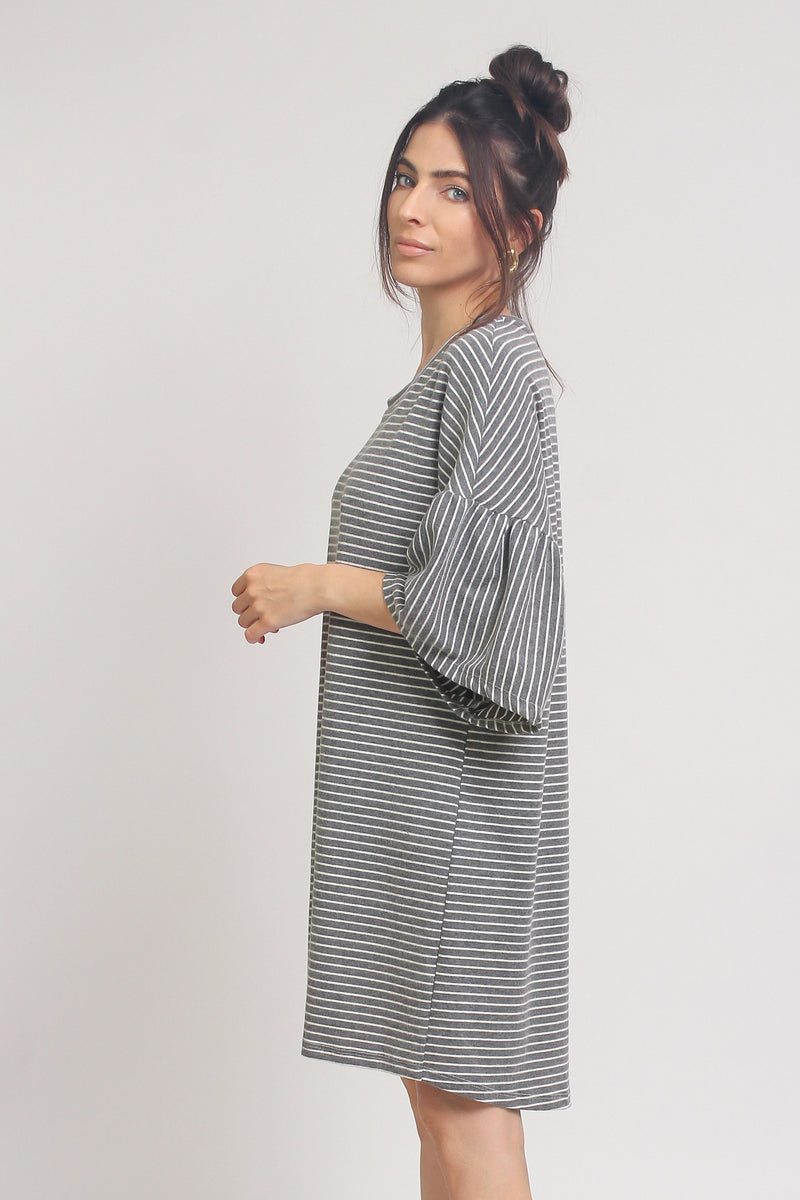 Oversized striped tee shirt dress with trumpet sleeves, in Grey Stripe. Image 11