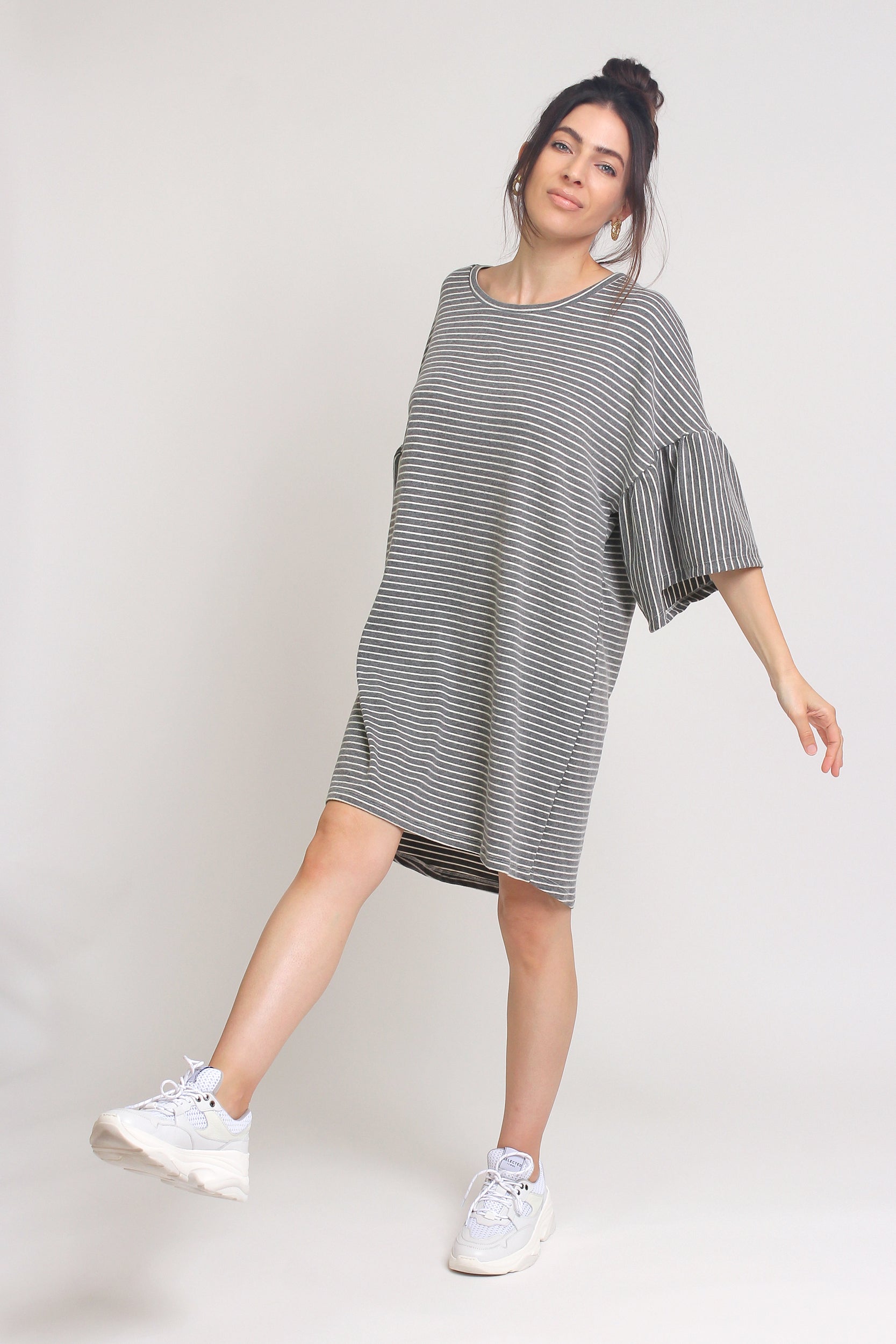 Oversized striped tee shirt dress with trumpet sleeves, in Grey Stripe. Image 2