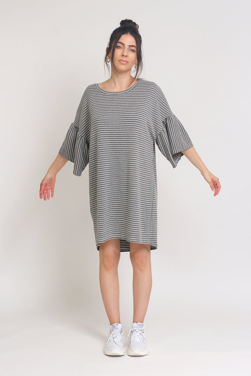 Oversized striped tee shirt dress with trumpet sleeves, in Grey Stripe. Image 3